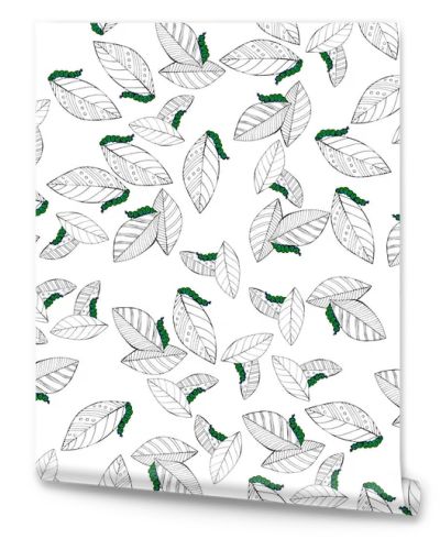 Green catterpillar and outline leaves seamless pattern, nature illustration for design and creativity