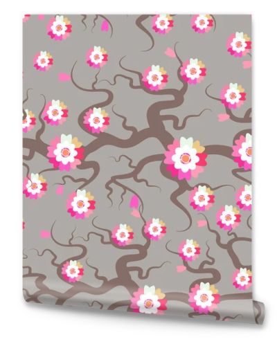 Sakura seamless pattern Nature background with blossom branch of pink flowers. Cherry tree brown branches japanese pattern pastel colors on gray background. Vector illustration