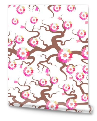 Sakura seamless pattern Nature background with blossom branch of pink flowers. Cherry tree brown branches japanese pattern pastel colors on white background. Vector illustration