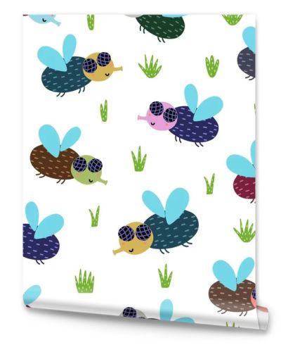 Cute fly seamless pattern. Nature background with funny insect