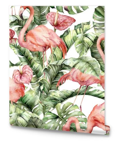 Watercolor seamless pattern with pink flamingos, anthurium and leaves. Hand painted tropical birds and greenery. Floral illustration isolated on white background for design, print, fabric, background.