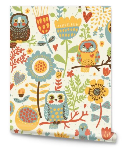 Floral seamless pattern with owl and bird