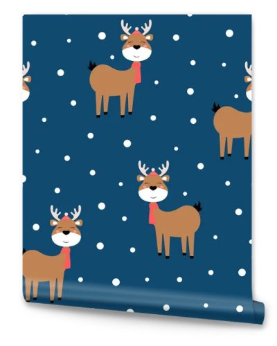 cute deer in scarf and hat seamless pattern, animal cartoon holidays background, wildlife character, christmas vector illustration