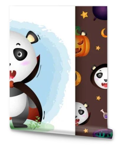 a cute panda with dracula costume halloween character collection. seamless pattern and illustration designs