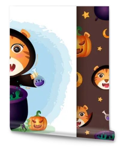 a cute tiger with witch costume halloween character collection. seamless pattern and illustration designs