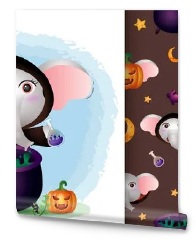 a cute elephant with witch costume halloween character collection. seamless pattern and illustration designs