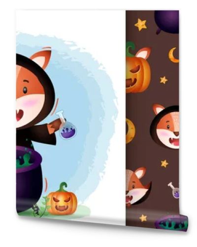 a cute fox with witch costume halloween character collection. seamless pattern and illustration designs