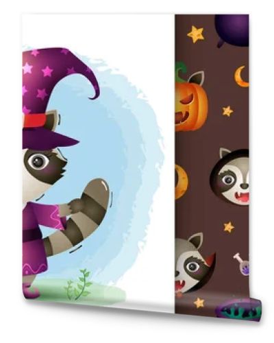 a cute raccoon with costume halloween character collection. seamless pattern and illustration designs