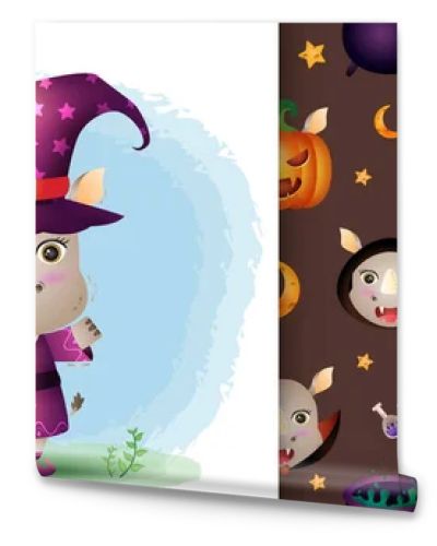 a cute rhino with costume halloween character collection. seamless pattern and illustration designs
