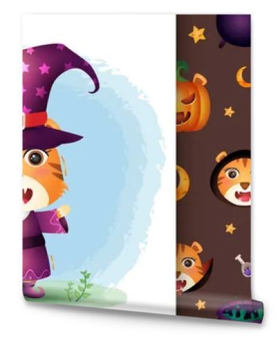 a cute tiger with costume halloween character collection. seamless pattern and illustration designs
