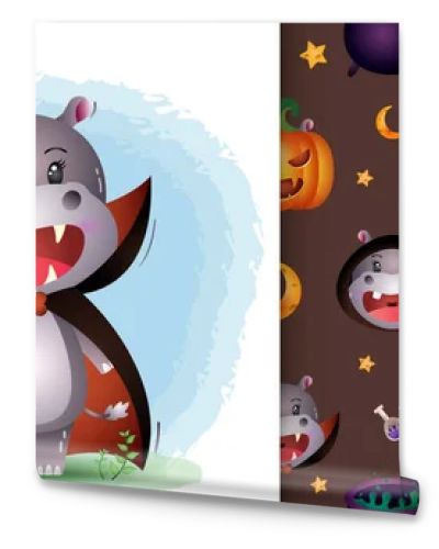a cute hippo with dracula costume halloween character collection. seamless pattern and illustration designs