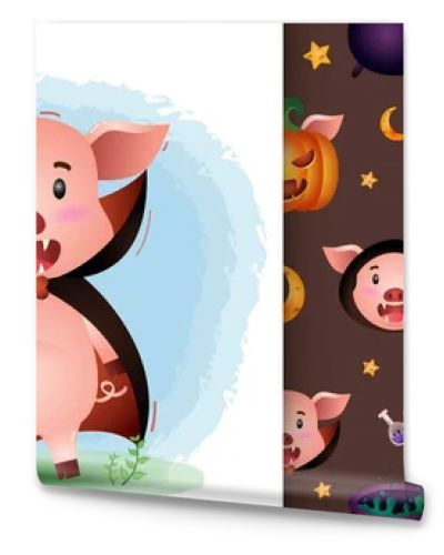 a cute pig with dracula costume halloween character collection. seamless pattern and illustration designs