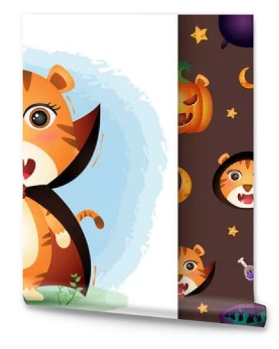 a cute tiger with dracula costume halloween character collection. seamless pattern and illustration designs