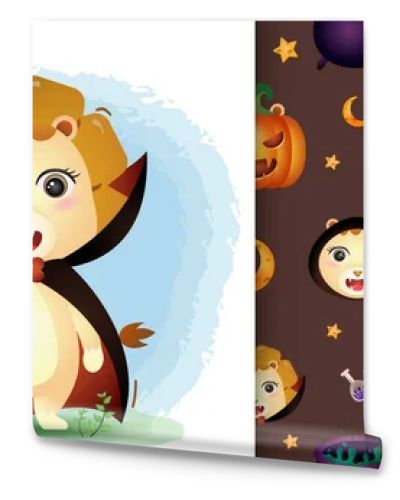 a cute lion with dracula costume halloween character collection. seamless pattern and illustration designs