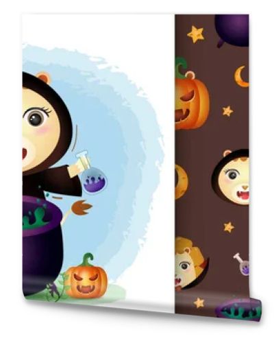 a cute lion with witch costume halloween character collection. seamless pattern and illustration designs