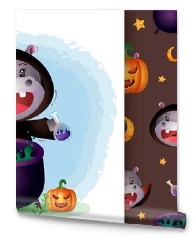 a cute hippo with witch costume halloween character collection. seamless pattern and illustration designs