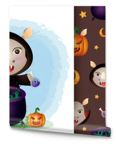 a cute rhino with witch costume halloween character collection. seamless pattern and illustration designs