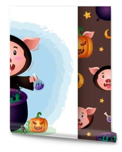 a cute pig with witch costume halloween character collection. seamless pattern and illustration designs