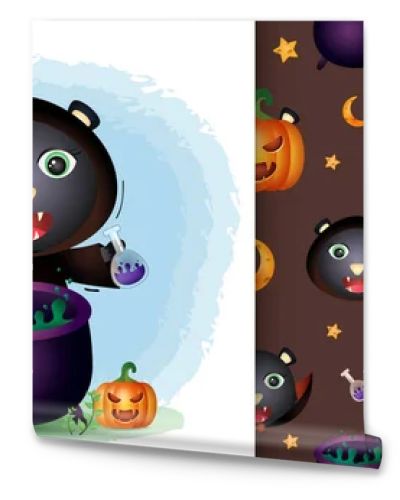 a cute black cat with witch costume halloween character collection. seamless pattern and illustration designs