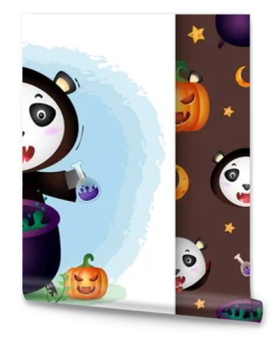 a cute panda with witch costume halloween character collection. seamless pattern and illustration designs