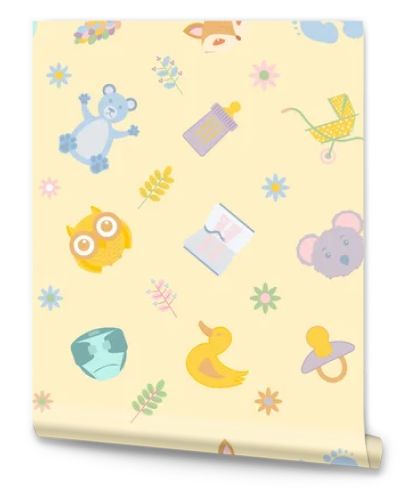 Stylish seamless pattern with funny cartoon animals on a light yellow background.