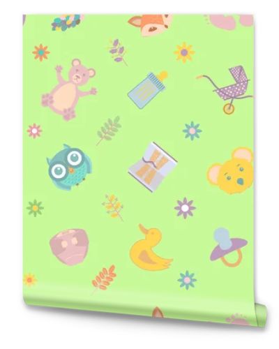 Stylish seamless pattern with funny cartoon animals on a light green background.