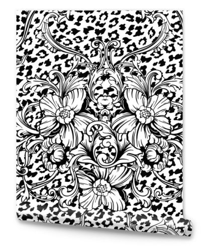 Eclectic fabric seamless pattern. Animal background with baroque ornament.