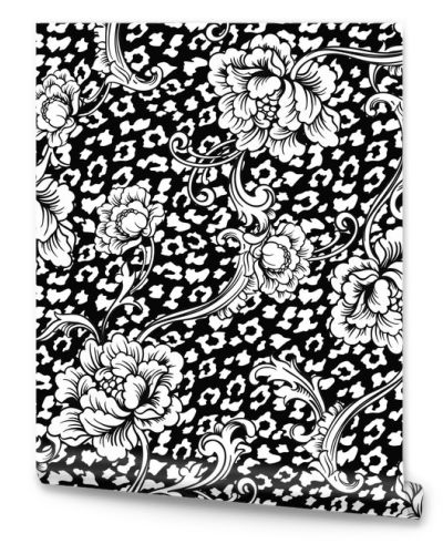 Eclectic fabric seamless pattern. Animal background with baroque ornament.