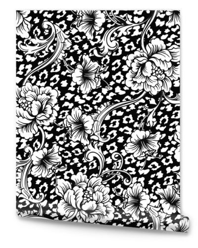 Eclectic fabric seamless pattern. Animal background with baroque ornament.