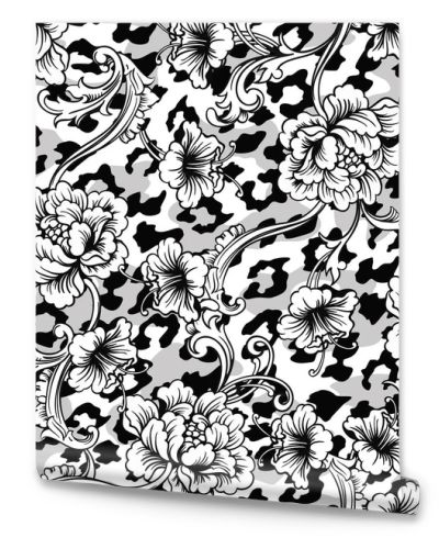 Eclectic fabric seamless pattern. Animal background with baroque ornament.