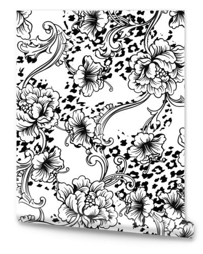 Eclectic fabric seamless pattern. Animal background with baroque ornament.