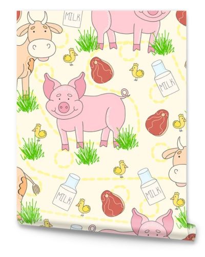 Seamless pattern with hand drawn farm animal and meat, milk, chicken, cow, pig, grass. Farm funny pattern. Animal background. 