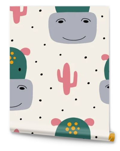 Hippopotamus baby seamless pattern, animal vector background. Cartoon hand drawn digital paper
