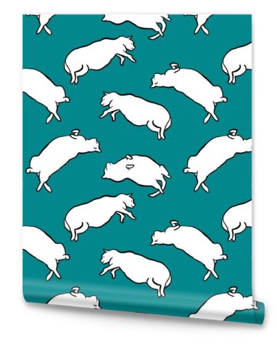 Funny hand drawn fat cats lying seamless pattern. Animal vector outline sketch background illustration with kitties. Cute pet backdrop in white over teal.