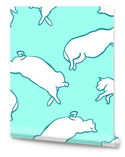 Funny hand drawn fat cats lying seamless pattern. Animal vector outline sketch background illustration with kitties. Cute pet backdrop in white over pastel blue.