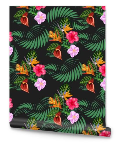 Tropical pink orchid flowers, monstera, banana palm leaves seamless pattern. Jungle foliage illustration. Exotic plants. Summer beach floral design. Paradise nature