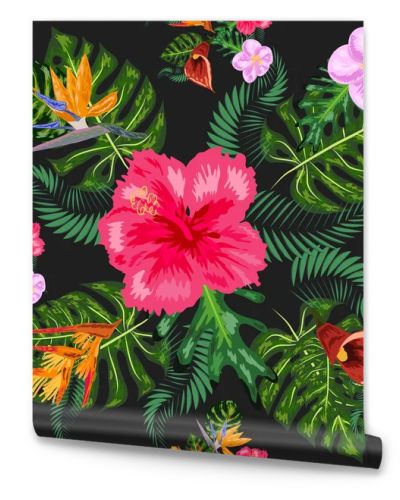 Tropical pink orchid flowers, monstera, banana palm leaves seamless pattern. Jungle foliage illustration. Exotic plants. Summer beach floral design. Paradise nature