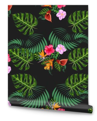 Tropical pink orchid flowers, monstera, banana palm leaves seamless pattern. Jungle foliage illustration. Exotic plants. Summer beach floral design. Paradise nature