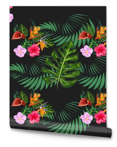 Tropical pink orchid flowers, monstera, banana palm leaves seamless pattern. Jungle foliage illustration. Exotic plants. Summer beach floral design. Paradise nature