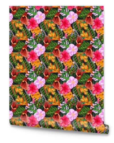 Tropical pink orchid flowers, monstera, banana palm leaves seamless pattern. Jungle foliage illustration. Exotic plants. Summer beach floral design. Paradise nature