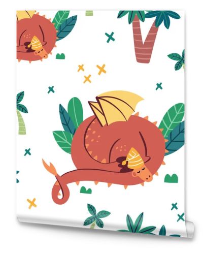 Seamless vector pattern with cute dinosaur on white background. Perfect for textiles and wrapping paper.