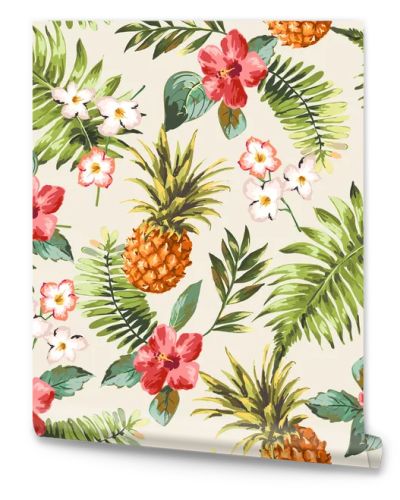 Vintage seamless tropical flowers with pineapple vector pattern background