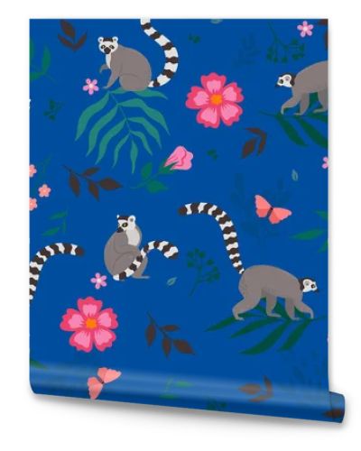 Seamless pattern with lemurs and flora elements. Vector image.