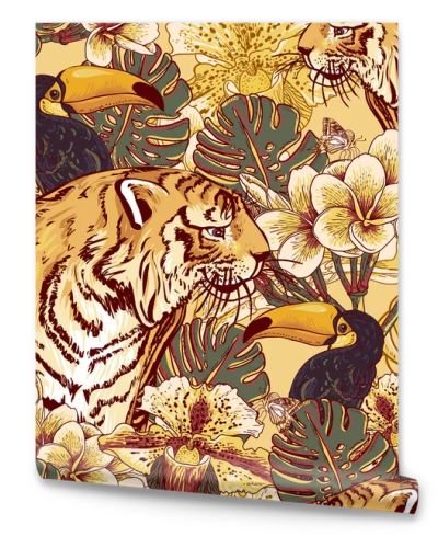 Tropical floral seamless background with Tiger