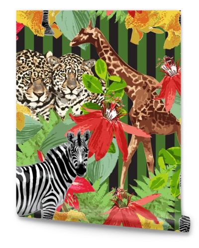 Leopards, zebra, giraffe and flowers