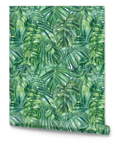 Seamless pattern of tropical palm leaves, jungle background, watercolor painting