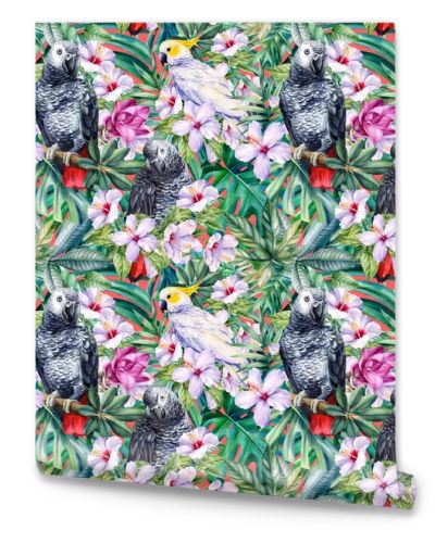 Monstera leaves and parrot cockatoo, watercolor hand painted wildlife illustration, seamless pattern, jungle design