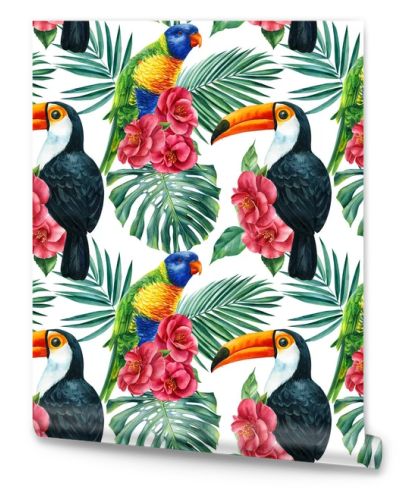 Toucan, parrot and palm leaves. Watercolor wildlife illustration, seamless pattern, jungle design