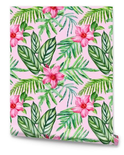 Tropical leaves watercolor, beautiful flowers, palm leaf hand drawing. Floral seamless pattern. Jungle design. High quality illustration