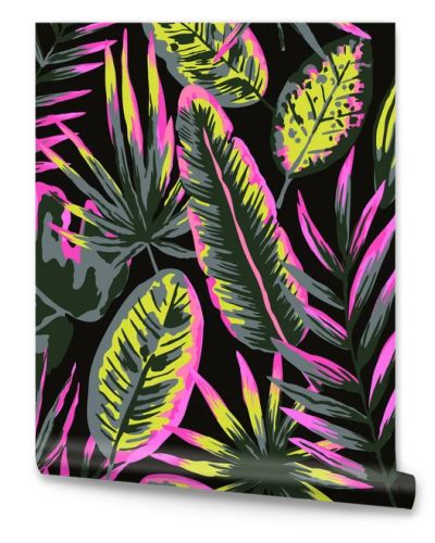 Seamless pattern with modern neon tropical leaves and plants for design and textile.